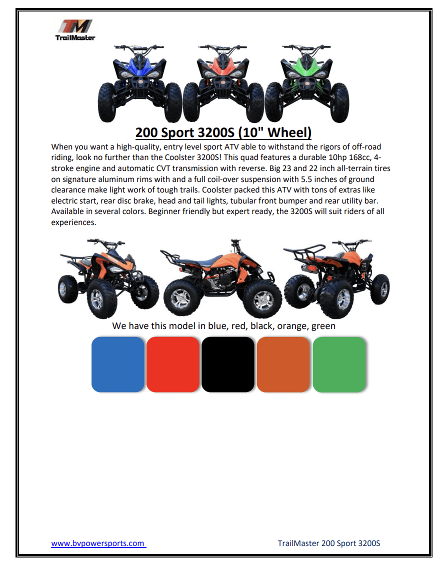 Coolster 3200S, Sports Style, Full sized ATV, Alloy Rims, Automatic with reverse, Wider front end, Front and rear brakes, Electric Start