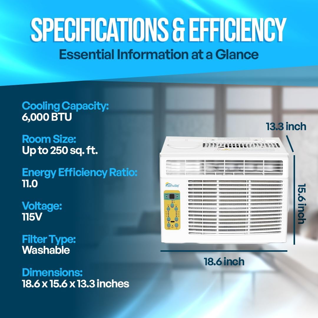 Senville 6000 BTU Window Air Conditioner, Cooling for Rooms up to 250 sq ft, Washable Filter, Easy to Use