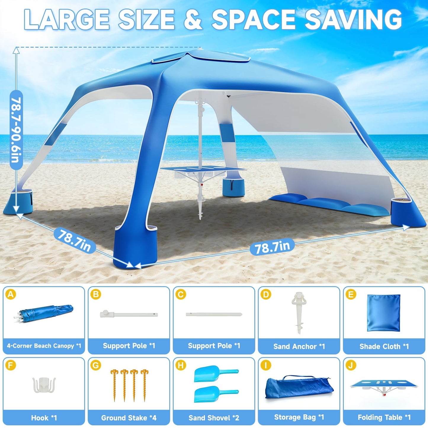 Beach Canopy Cabana with 4 Corners, 6.5'×6.5' Tent Sun Shelter, Adjustable Height Beach Umbrella Tent with Side Wall, Blue Gradient