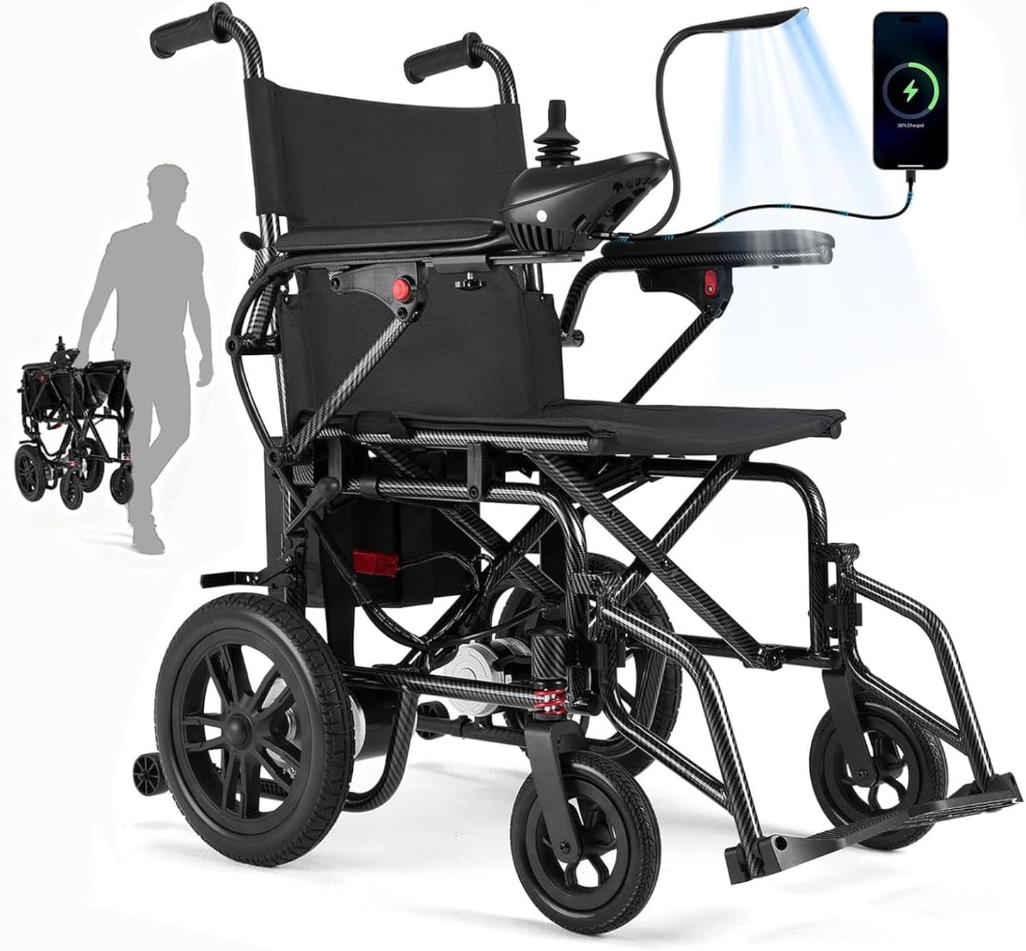 Electric Wheelchairs for Adults,Lightweight Foldable Wheelchair 15 Miles Long Travel Range, 360° Joystick Control Motorized Wheelchair, Support 286 lbs with LED Light Power Wheelchair (Purple)