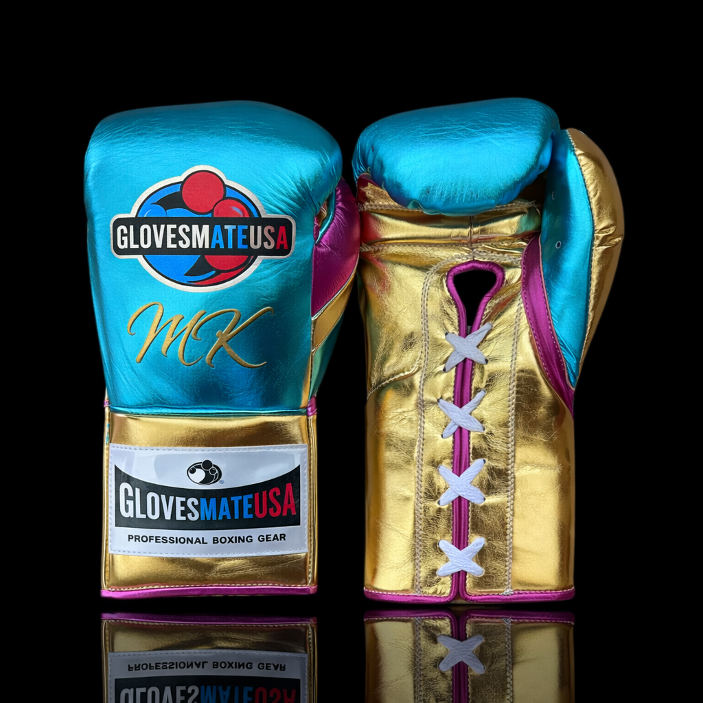 GlovesMateUSA Elite Lace-Up Boxing Gloves – Sky Blue / Pink / Gold
