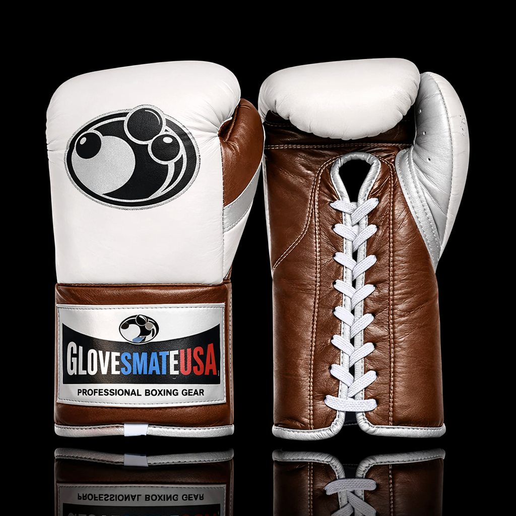 GlovesMateUSA Elite Lace-Up Boxing Gloves – White / Brown / Silver