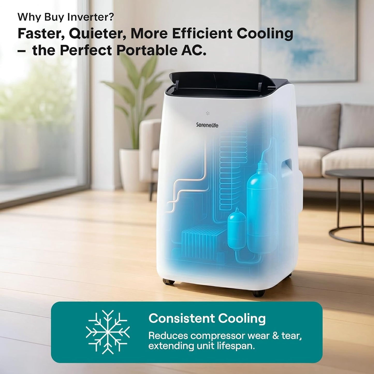 SereneLife 16000 BTU Inverter Portable Air Conditioner & Heater with Wi-Fi – Dual Hose AC Unit with Dehumidifier, Fan Modes, Window Kit & Smart Control (White)