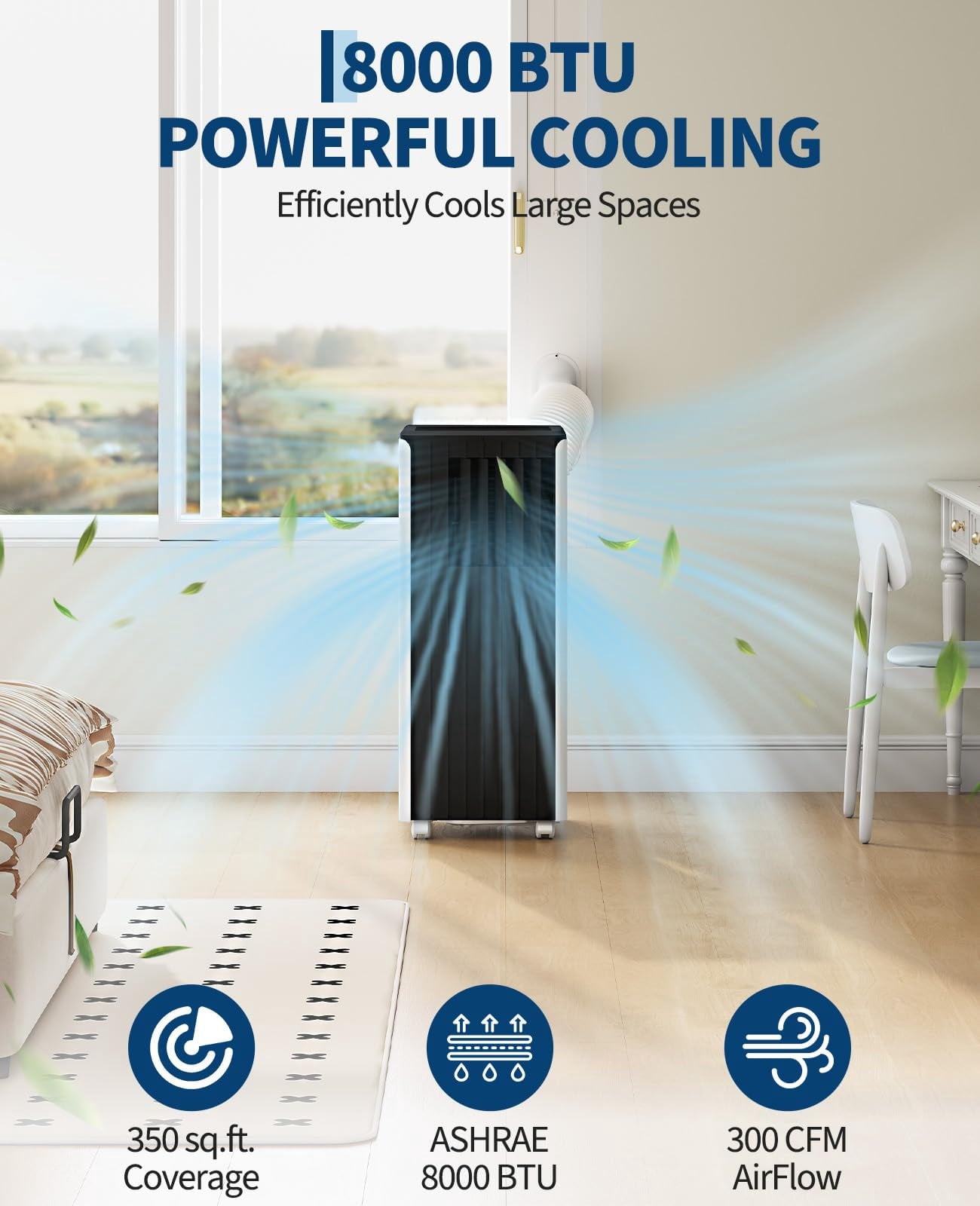 JoanKaren 8000 BTU Portable Air Conditioner Up to 350 Sq. Ft. 3-in-1 AC Unit with Cooling,Dehumidifier & Fan,Energy-Saving,24-Hr Timer,Full Window Kit,Black Top