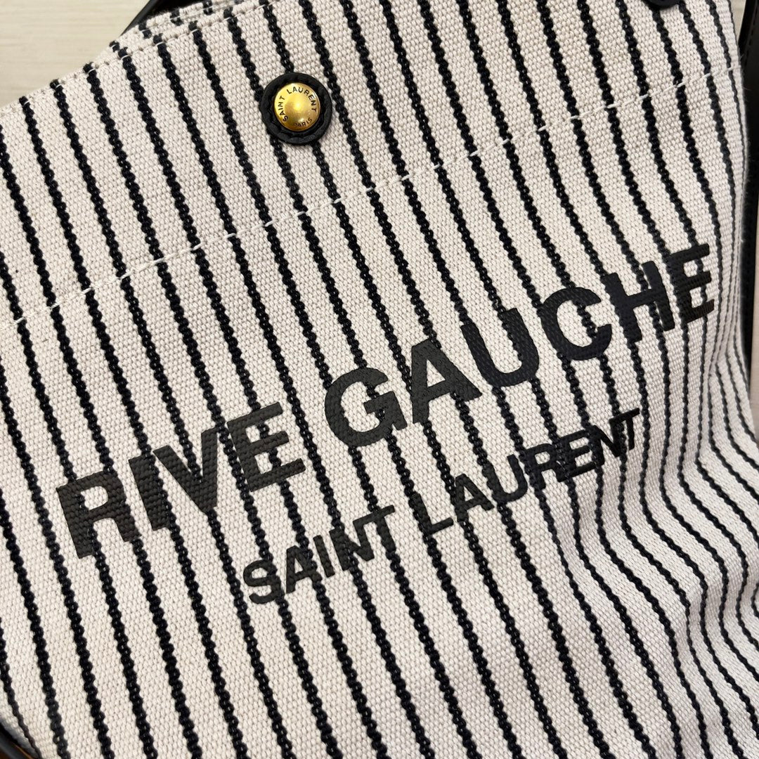 Saint Laurent Rive Gauche Bucket Bag In Striped Canvas For Women 30cm Black And White YSL 669299FAAE59583