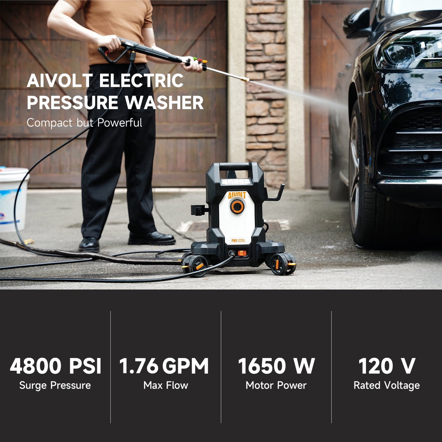 AIVOLT Corded Electric Pressure Washer 4800 PSI, 2.76 GPM, 4 Nozzles, Soap Tank, Anti-Tipping, 36ft Cable, 25ft Hose Cold Water Power Washer