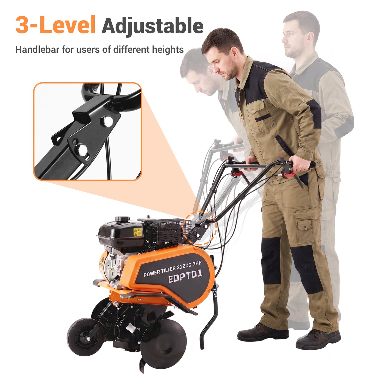 Efurden Gas Tiller Cultivator, 7HP 212cc Gas Powered Engine Tiller Cultivator for Garden Lawn Soil Cultivation, Weeding & Digging