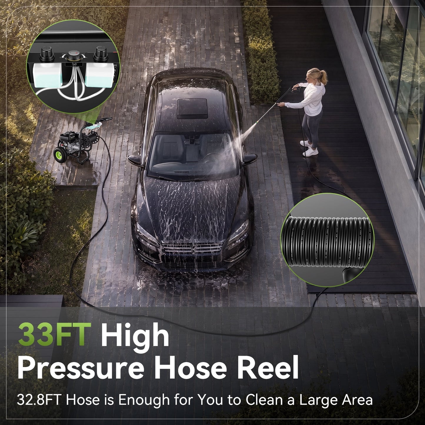 Professional 4200PSI 4GPM 212CC Gas Pressure Washer, 10" Wheels 33FT Hose Reel 800ML*2 Foam Bottle 5 Nozzles 3600RPM 7.0HP Commercial/Household Gas Power Washer for Cleaning (EPA/CARB/ETL Compliant)