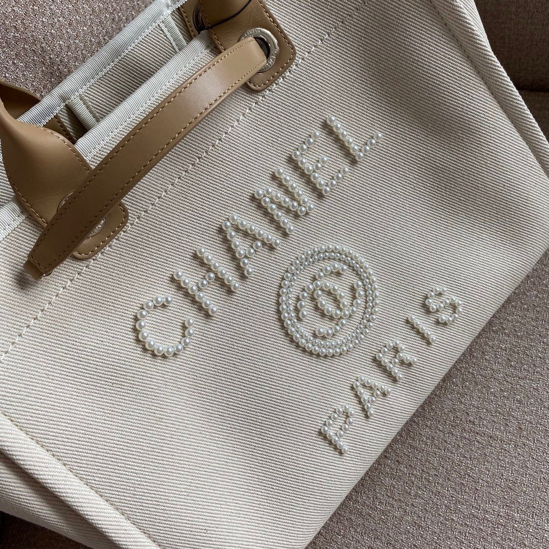 Chanel Deauville Tote 40cm Tweed Bag with Pearl Embroidery Spring/Summer Collection White