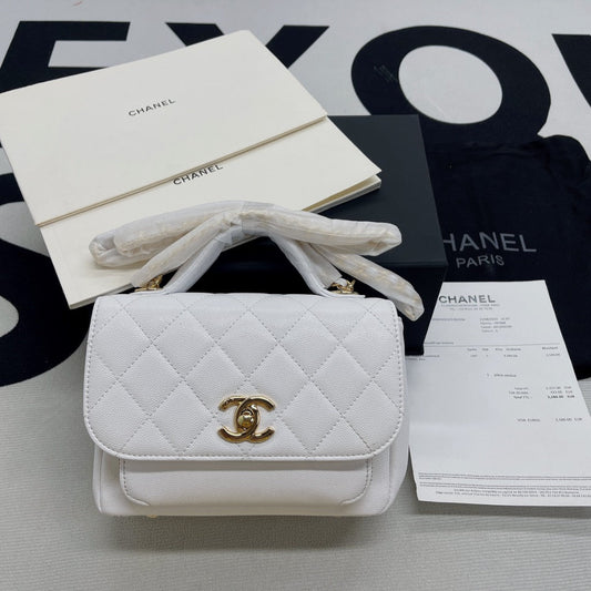 Chanel Flap Bag Top Handle With Gold Toned Hardware Chain 19cm White