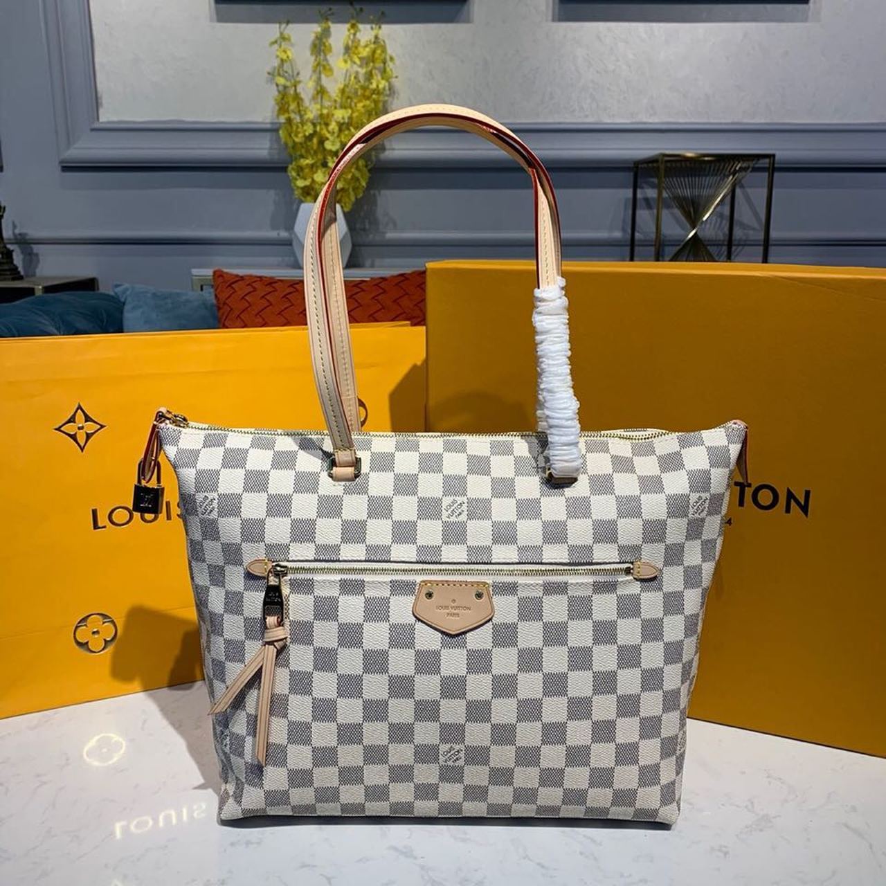 Louis Vuitton Iena MM Bag 34cm Damier Azur Canvas Fall/Winter Collection N44040, Beige