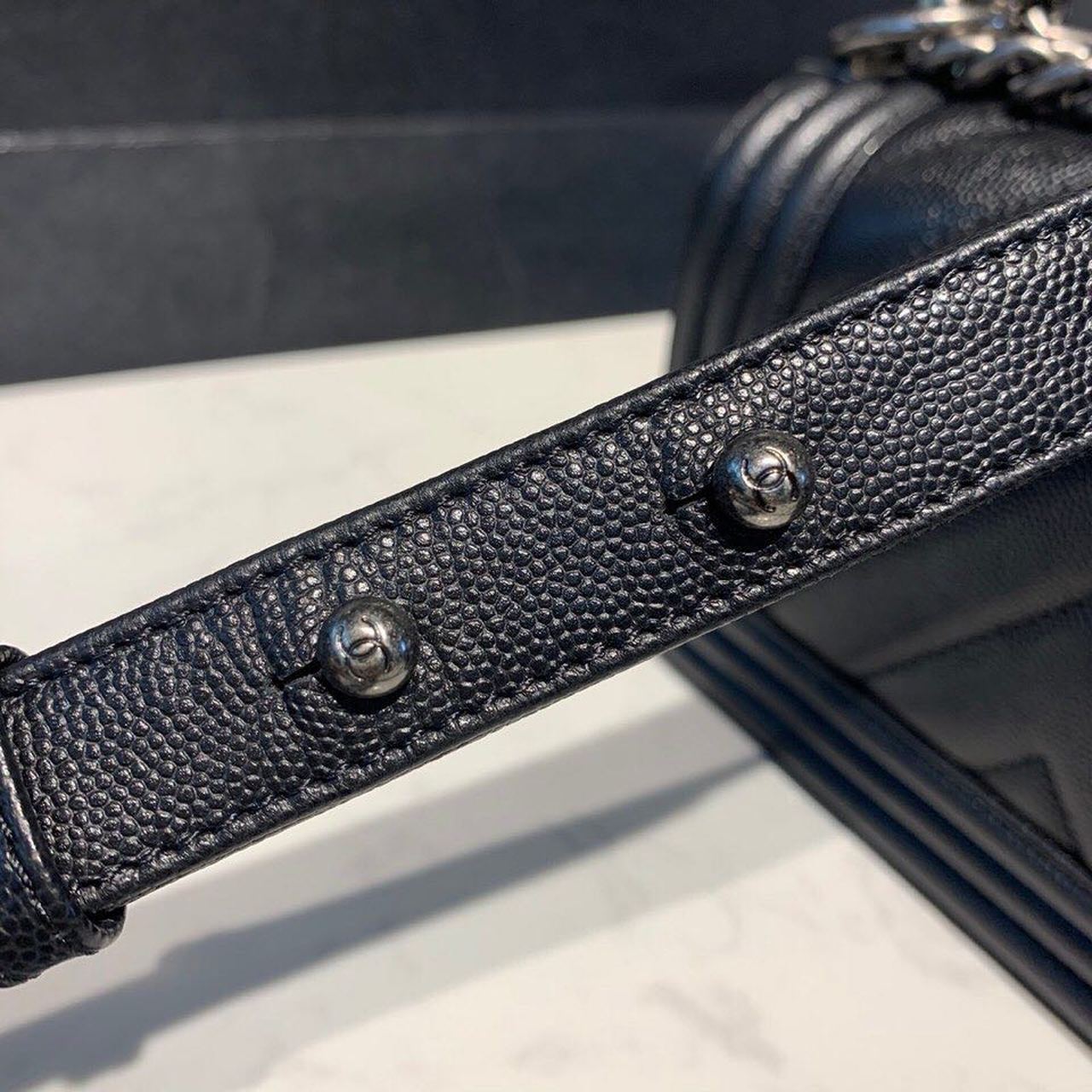 Chanel Chevron Boy Bag 20cm Caviar Leather Antique Silver Hardware Fall/Winter Act 1 Collection, Black