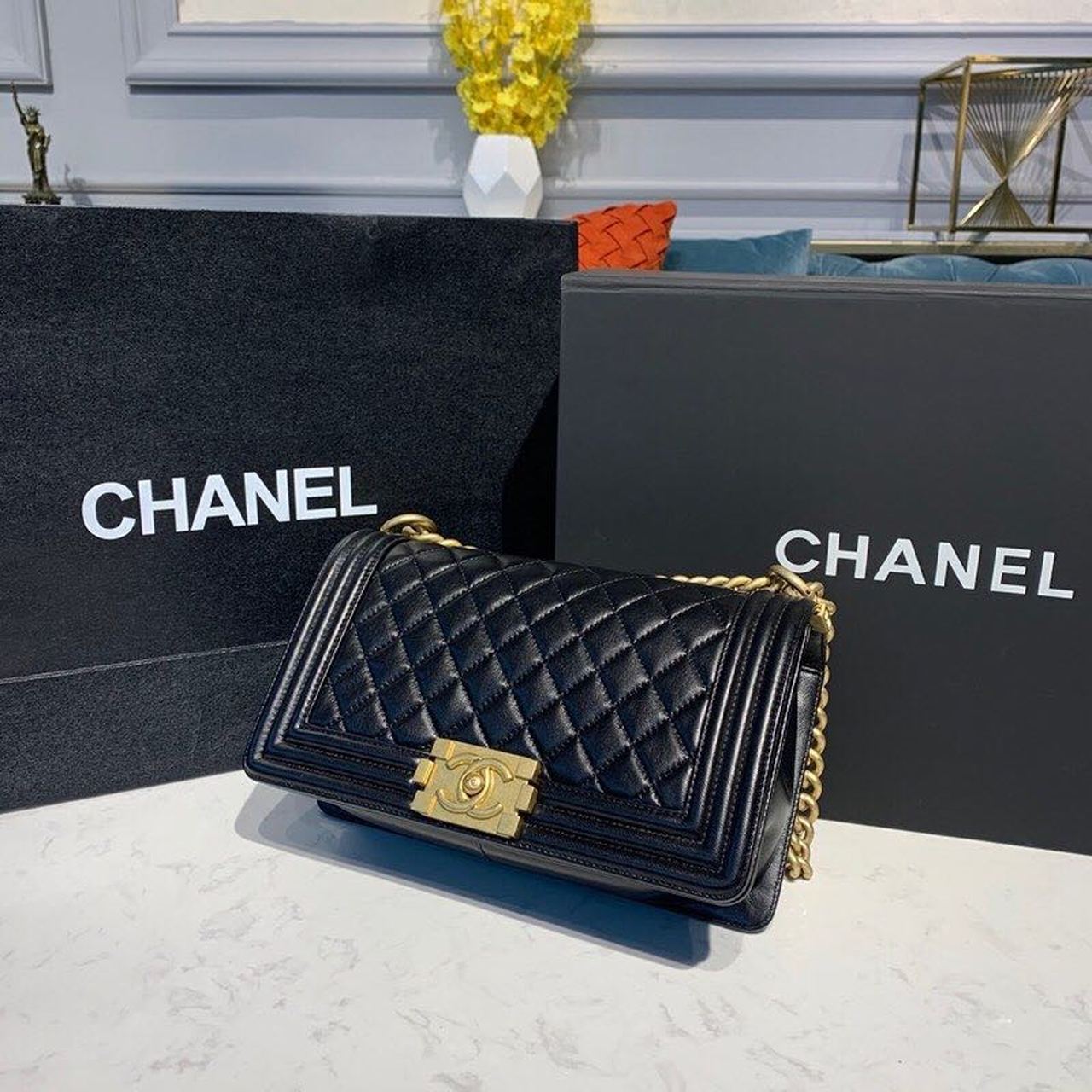 Chanel Quilted Boy Bag 25cm Lambskin Leather Antique Gold Hardware Fall/Winter Act 1 Collection Black