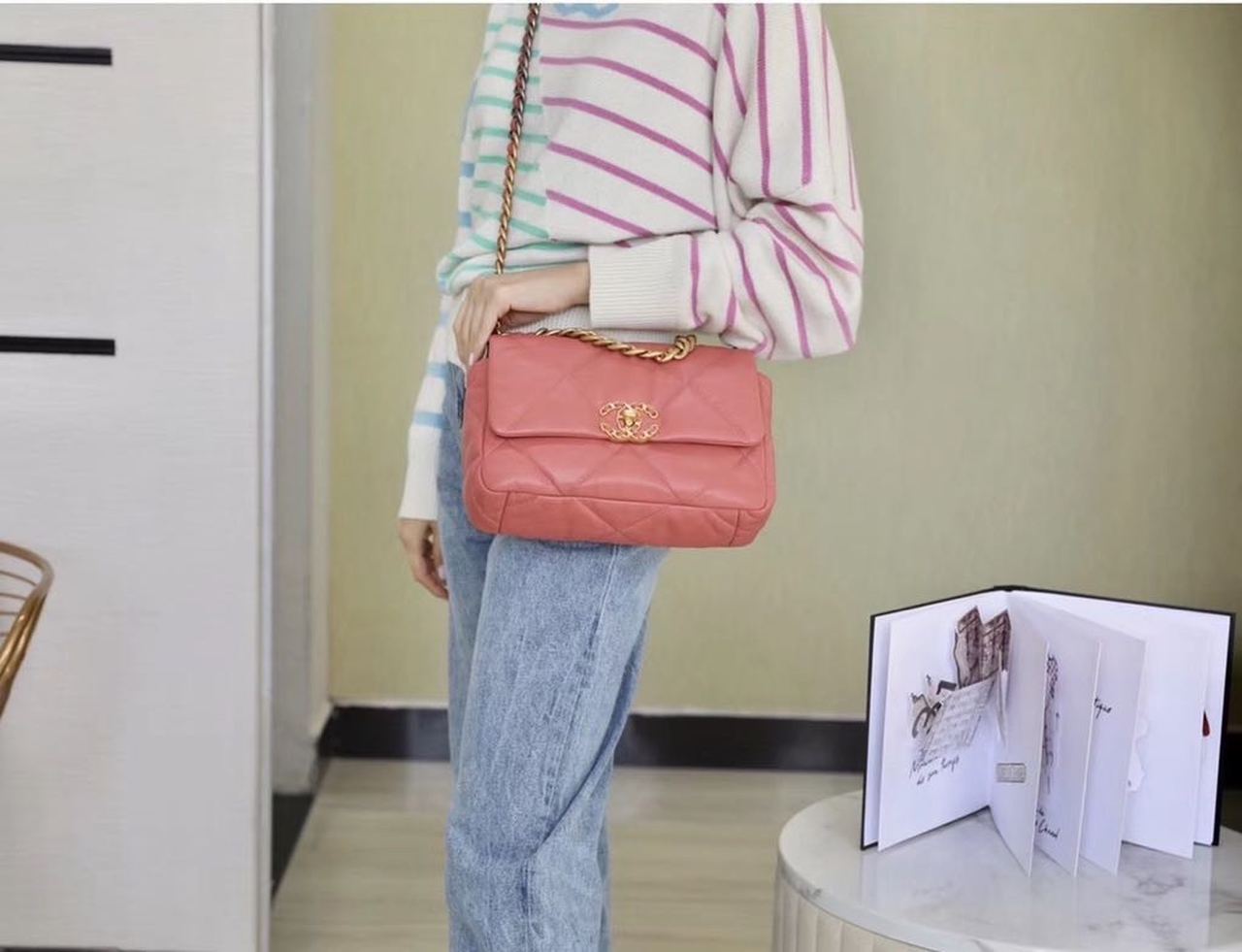 Chanel 19 Flap Bag 26cm Goatskin Leather Spring/Summer Act 1 Collection, Salmon Pink