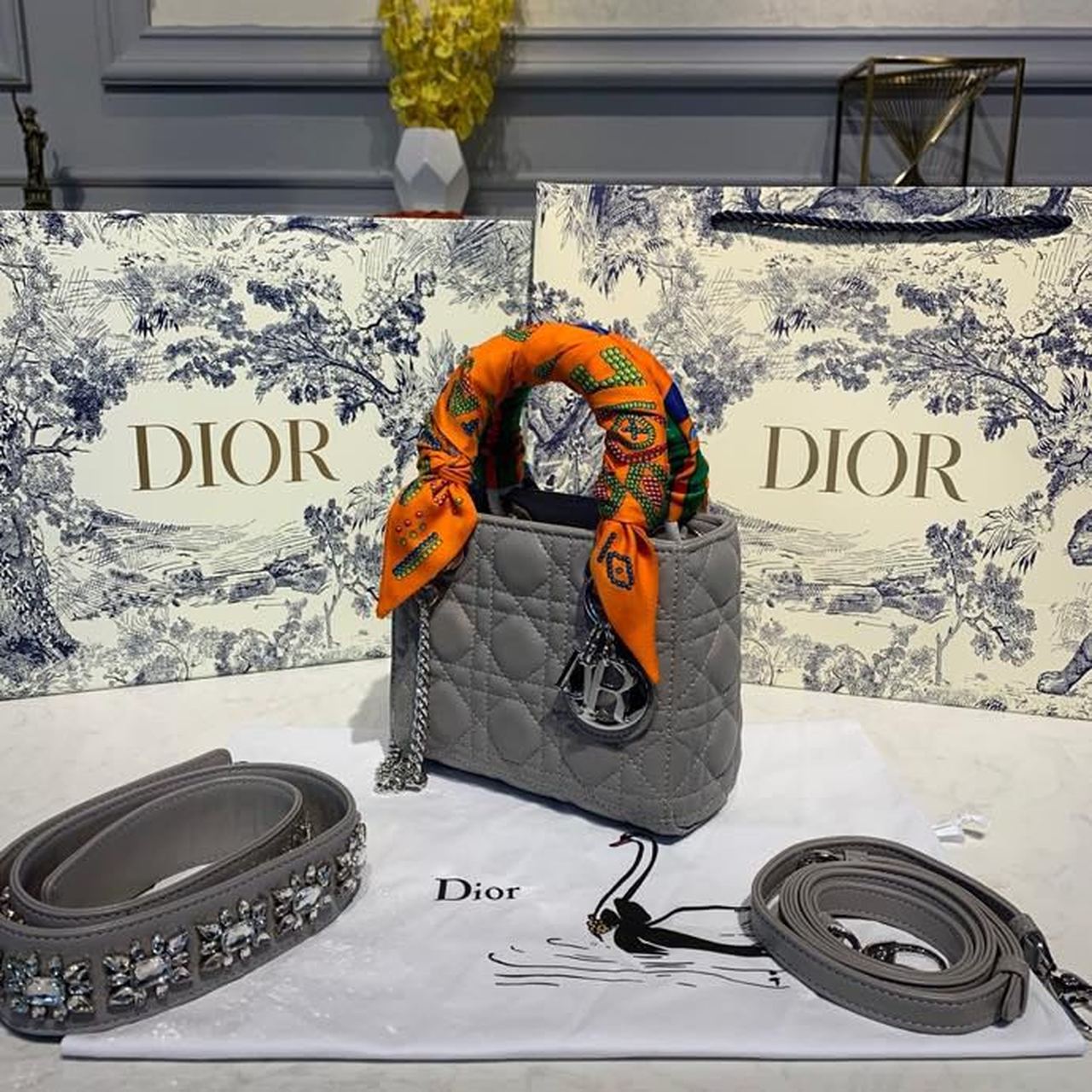 Christian Dior Mini Lady Dior Bag 18cm with Chain and Embellished Bag Strap Silver Hardware Lambskin Leather Spring/Summer Collection, Grey