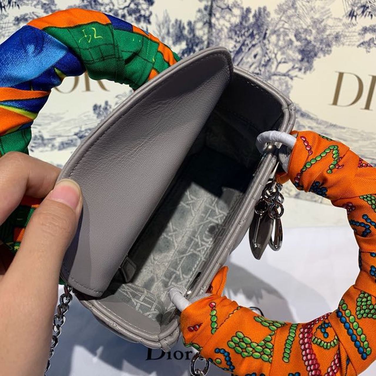 Christian Dior Mini Lady Dior Bag 18cm with Chain and Embellished Bag Strap Silver Hardware Lambskin Leather Spring/Summer Collection, Grey