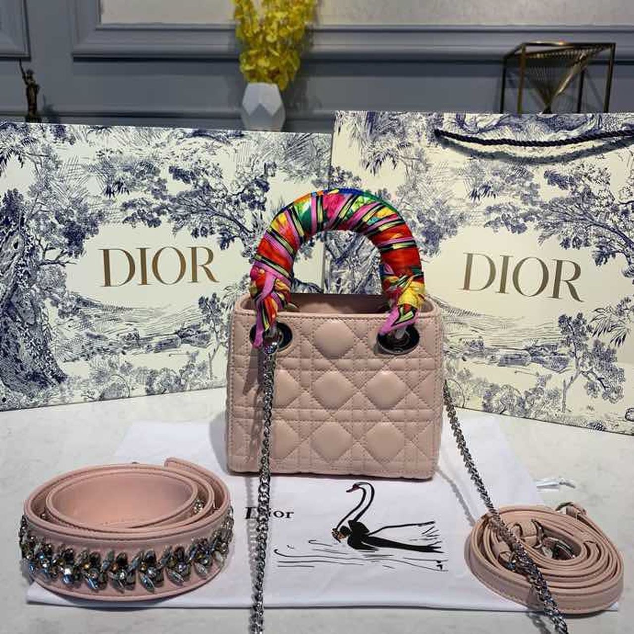 Christian Dior Mini Lady Dior Bag 18cm with Chain and Embellished Bag Strap Silver Hardware Lambskin Leather Spring/Summer Collection, Pink