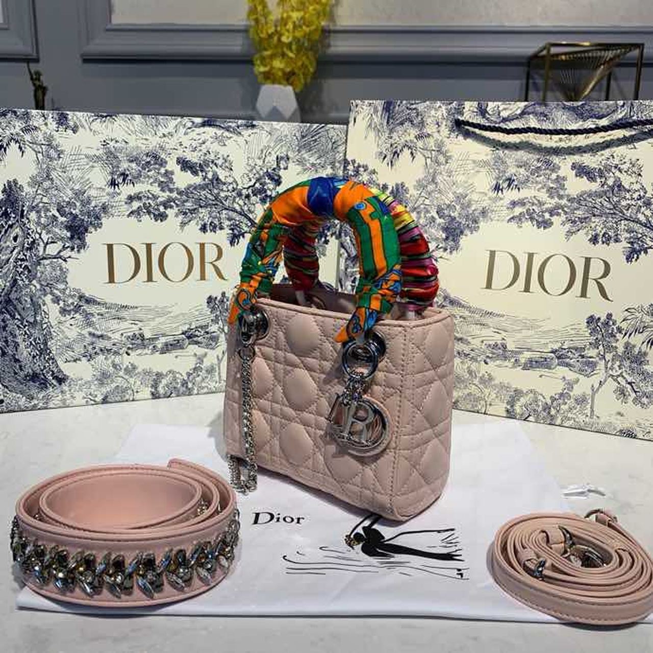 Christian Dior Mini Lady Dior Bag 18cm with Chain and Embellished Bag Strap Silver Hardware Lambskin Leather Spring/Summer Collection, Pink