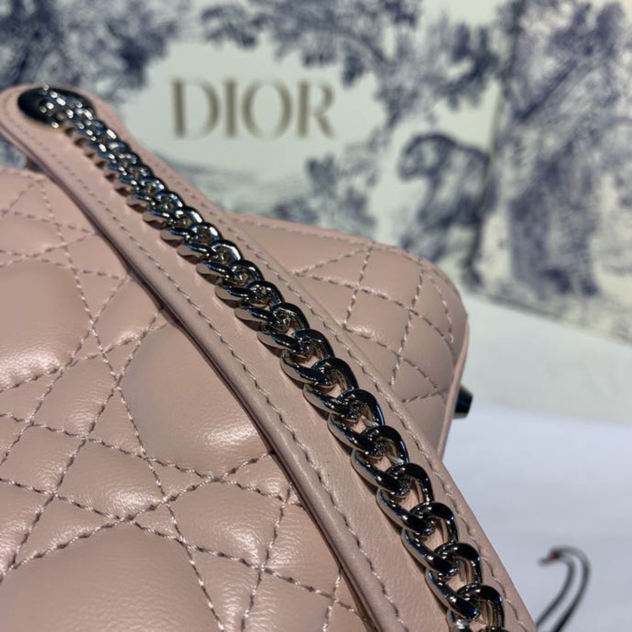 Christian Dior Mini Lady Dior Bag 18cm with Chain and Embellished Bag Strap Silver Hardware Lambskin Leather Spring/Summer Collection, Pink