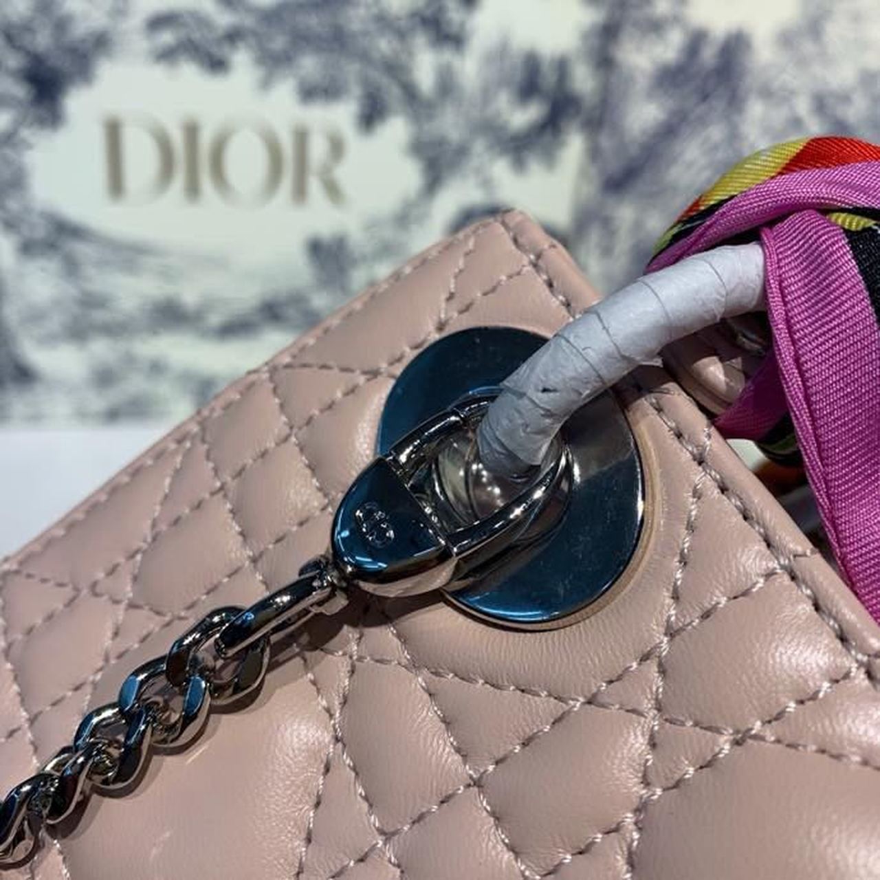 Christian Dior Mini Lady Dior Bag 18cm with Chain and Embellished Bag Strap Silver Hardware Lambskin Leather Spring/Summer Collection, Pink