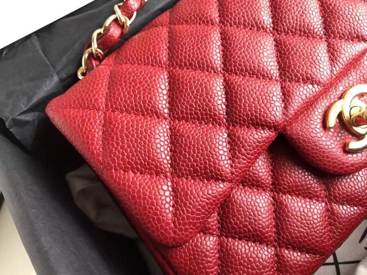 Chanel Classic Flap With Charm Chain With CC Details On Strap Bag Gold Hardware Lambskin Leather Spring/Summer Collection Red