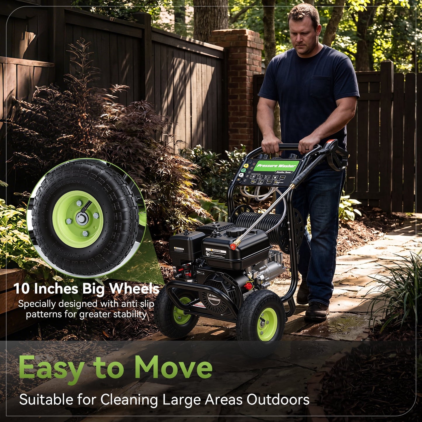 Professional 4200PSI 4GPM 212CC Gas Pressure Washer, 10" Wheels 33FT Hose Reel 800ML*2 Foam Bottle 5 Nozzles 3600RPM 7.0HP Commercial/Household Gas Power Washer for Cleaning (EPA/CARB/ETL Compliant)