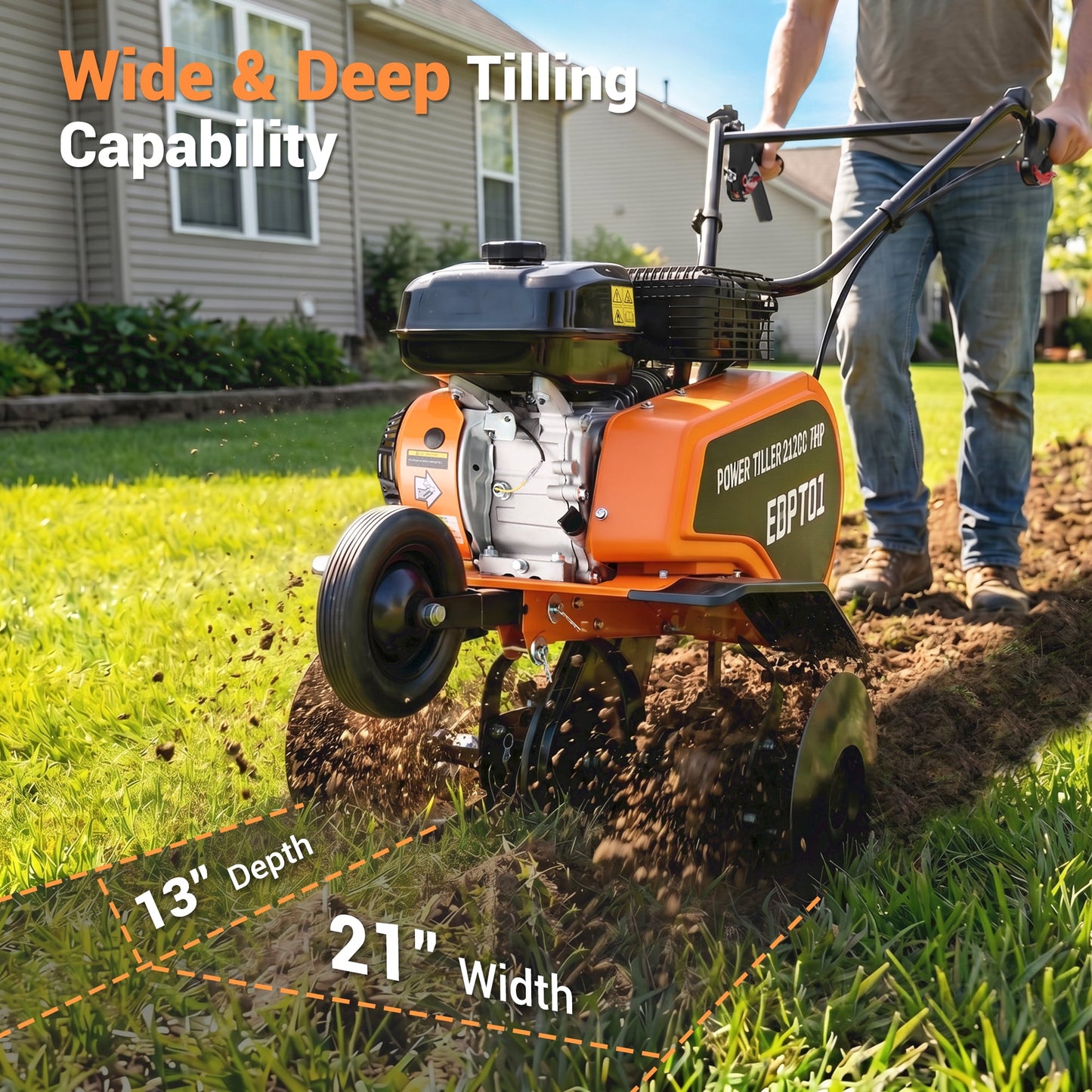 Efurden Gas Tiller Cultivator, 7HP 212cc Gas Powered Engine Tiller Cultivator for Garden Lawn Soil Cultivation, Weeding & Digging