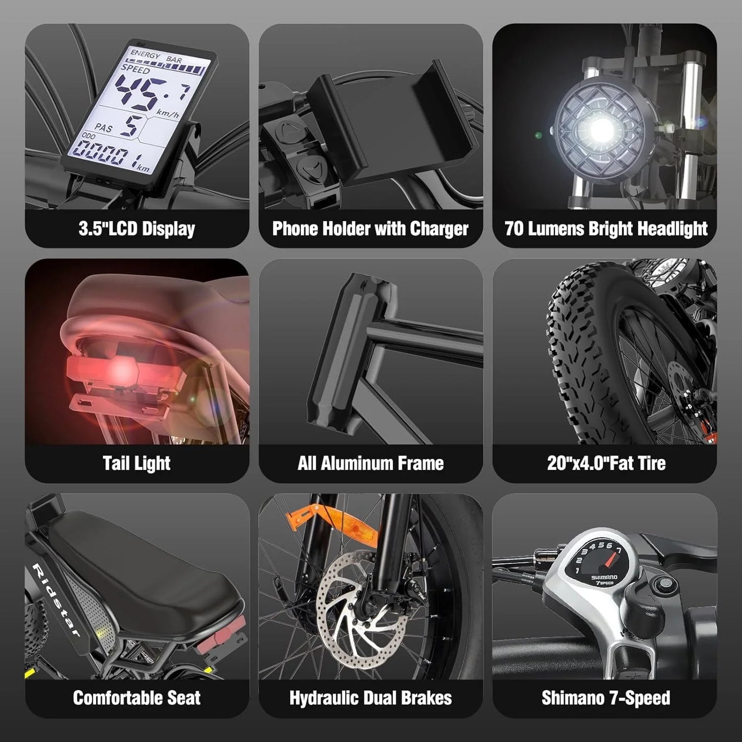 Ridstar Electric Bike 1500W for Adults – 20″ Fat Tires, 48V 20Ah Battery, 7-Speed Mountain eBike