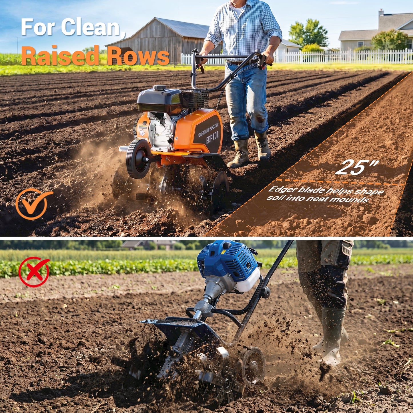 Efurden Gas Tiller Cultivator, 7HP 212cc Gas Powered Engine Tiller Cultivator for Garden Lawn Soil Cultivation, Weeding & Digging