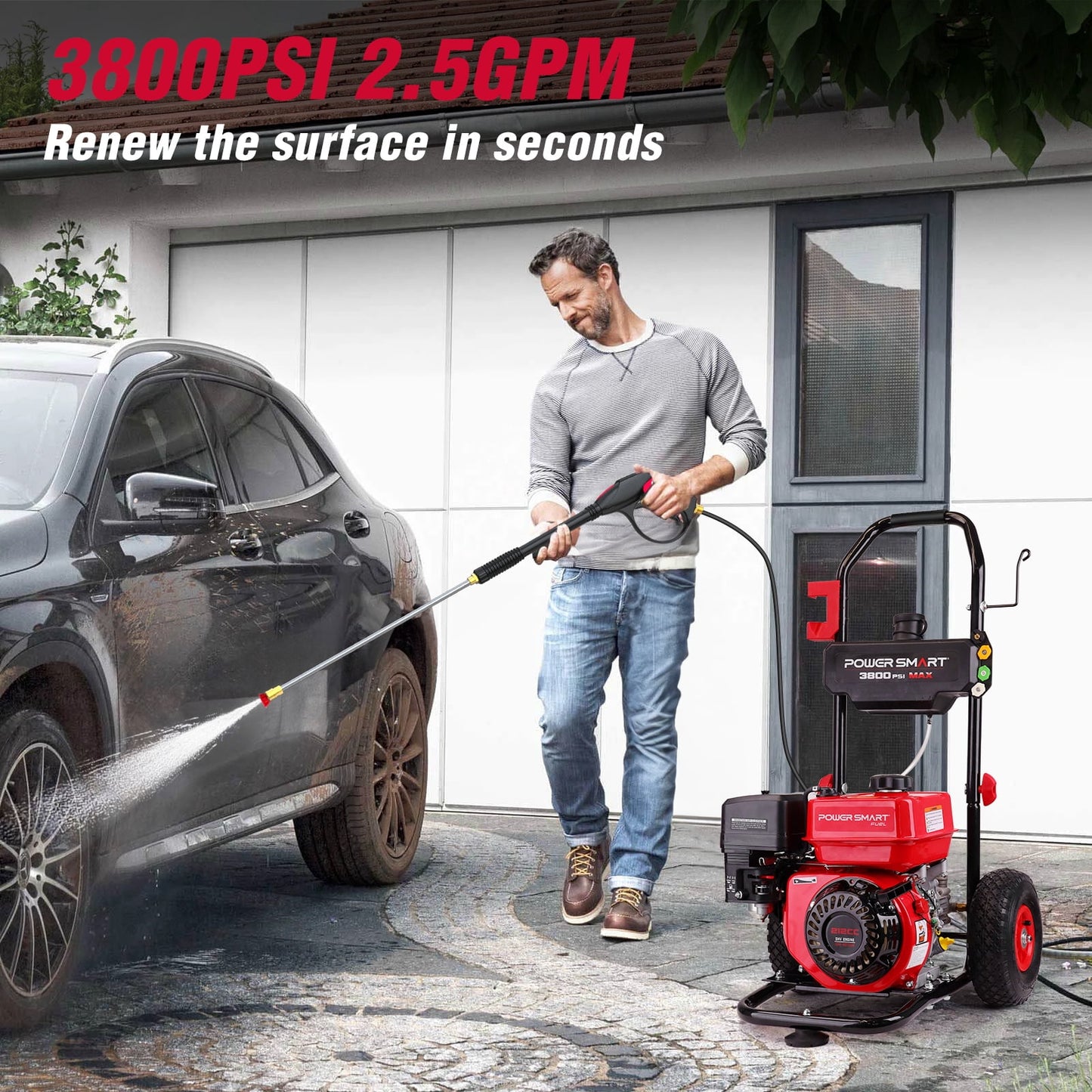 PowerSmart 3800PSI Gas Pressure Washer, 212cc Engine 2.5GPM 5 Quick-Adjustable Nozzles for Gardens