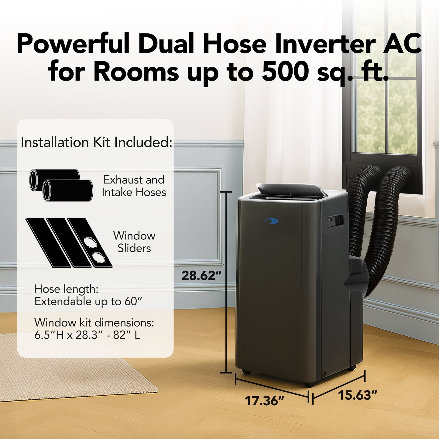 Whynter Nex Inverter Portable Air Conditioner Dual Hose Cooling, 500 Sq Ft Efficiency 12000 Btu (10000 Btu Sacc) Arc-1280MX