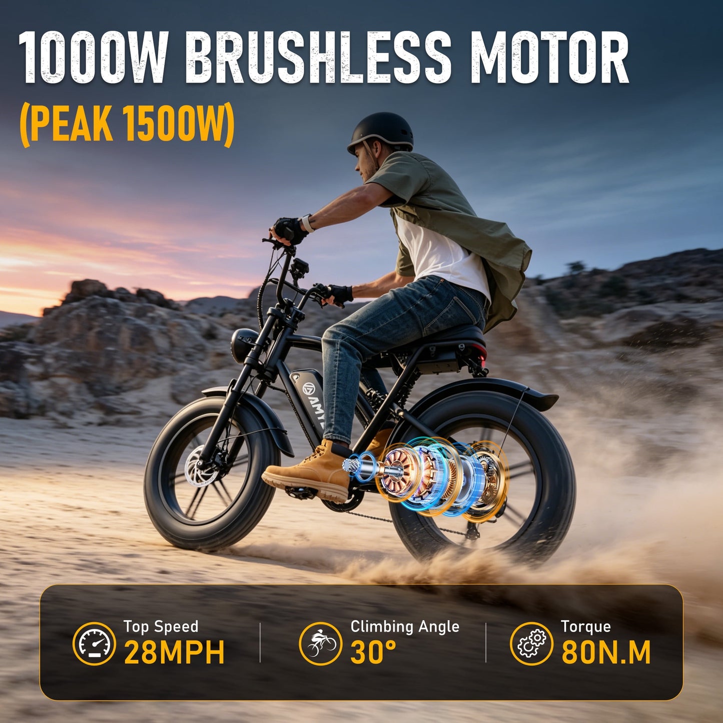 AMYET G60 Electric Bike for Adults, Peak 1500W Ebike 48V 20Ah, 20"x4" Fat Tire E Mountain Bike, UL2849