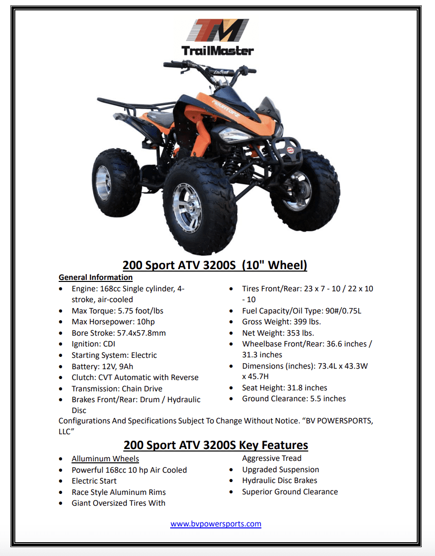 Coolster 3200S, Sports Style, Full sized ATV, Alloy Rims, Automatic with reverse, Wider front end, Front and rear brakes, Electric Start