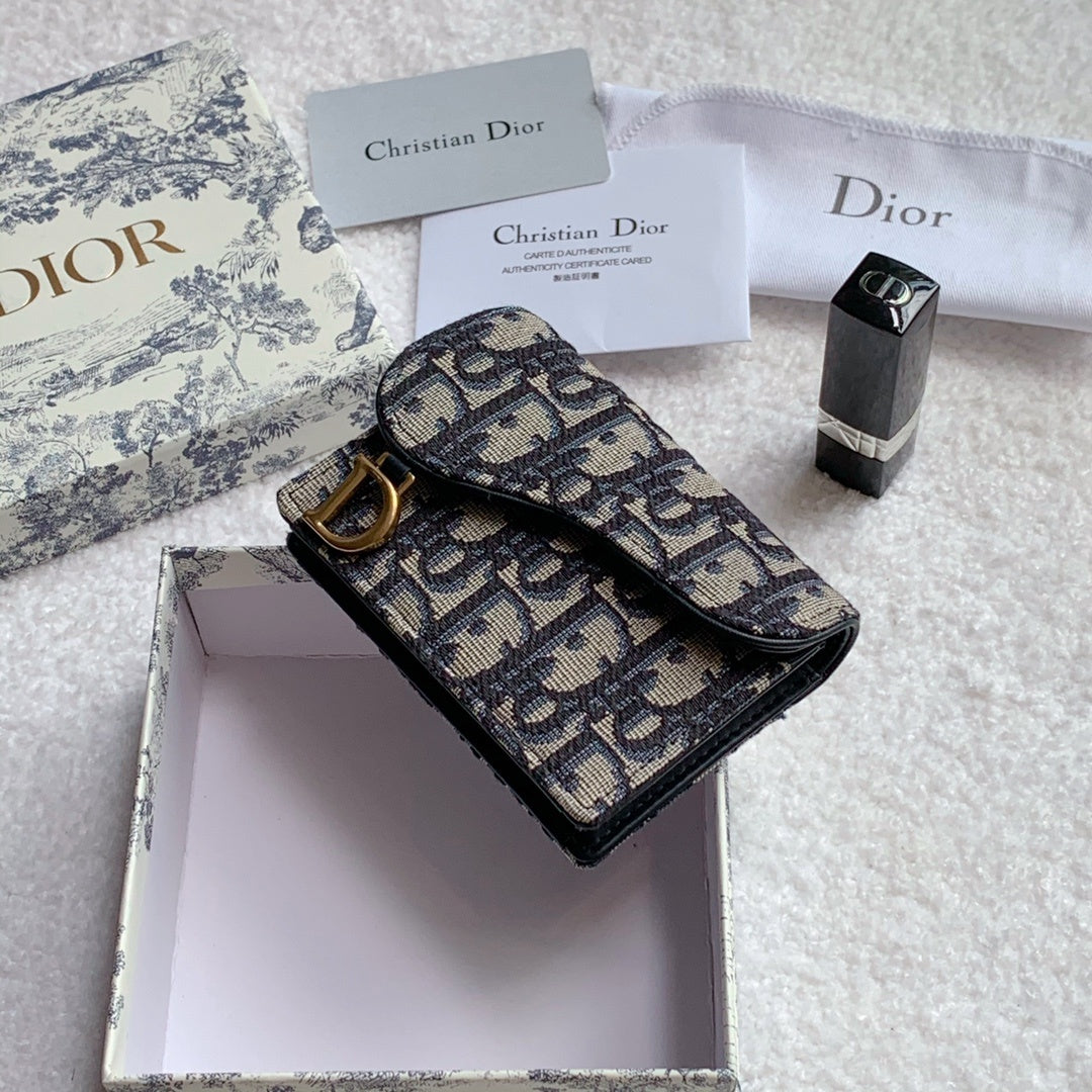 Christian Dior Saddle Flap Card Holder Black Wallet 11cm