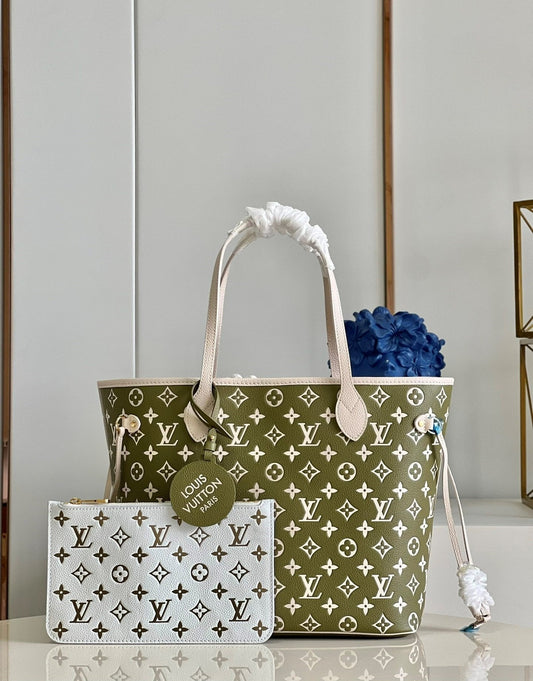 Louis Vuitton Neverfull MM Monogram Empreinte Kaki / Beige For Women, Women’s Handbags, Tote Bags 31cm LV M46102