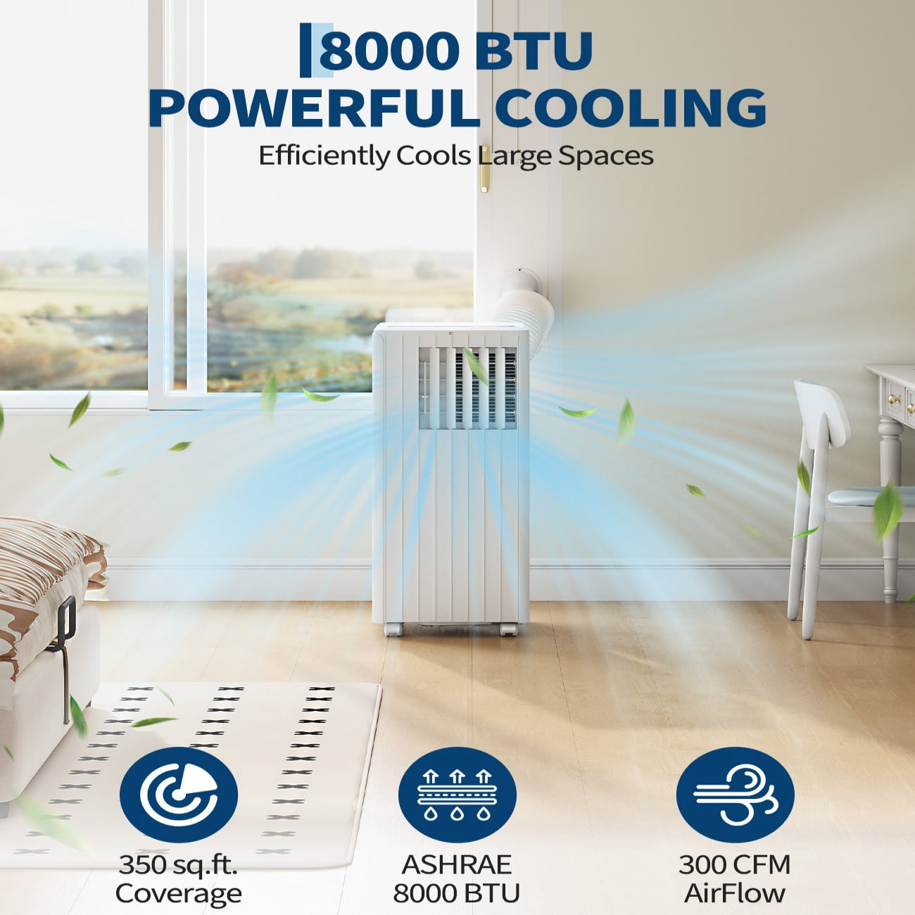 JoanKaren 8000 BTU Portable Air Conditioner Up to 350 Sq. Ft. 3-in-1 AC Unit with Cooling,Dehumidifier & Fan,Energy-Saving,24-Hr Timer,Full Window Kit,White