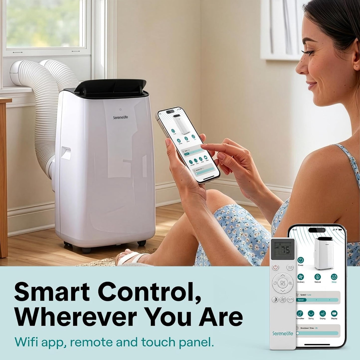 SereneLife 16000 BTU Inverter Portable Air Conditioner & Heater with Wi-Fi – Dual Hose AC Unit with Dehumidifier, Fan Modes, Window Kit & Smart Control (White)