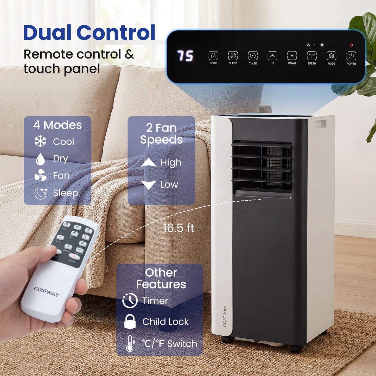 Costway 8000 BTU 3 in 1 Portable Air Conditioner with Fan & Dehumidifier Mode, Sleep Mode, 24H Timer
