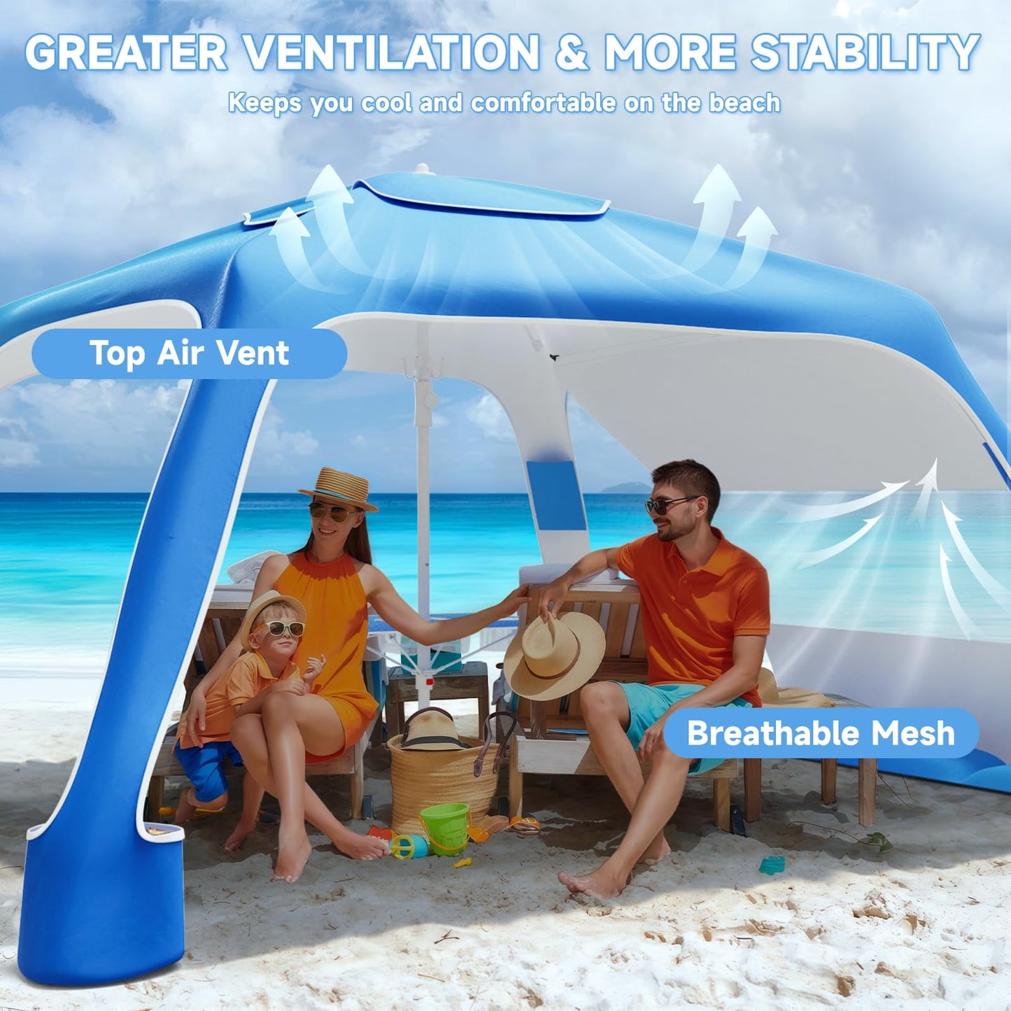 Beach Canopy Cabana with 4 Corners, 6.5'×6.5' Tent Sun Shelter, Adjustable Height Beach Umbrella Tent with Side Wall, Blue Gradient