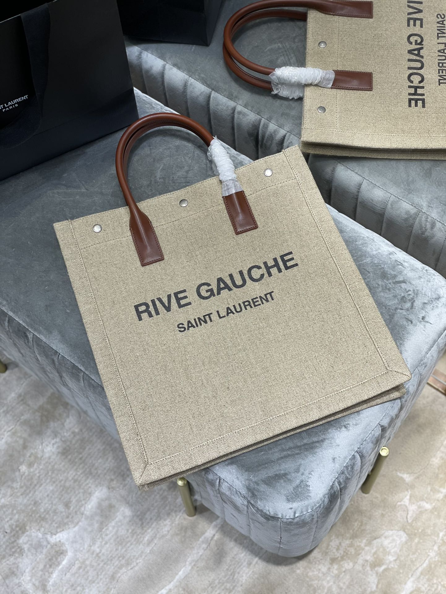 Saint Laurent Rive Gauche North/South Tote Bag In Printed Linen For Women 39cm YSL 632539FAABR9083