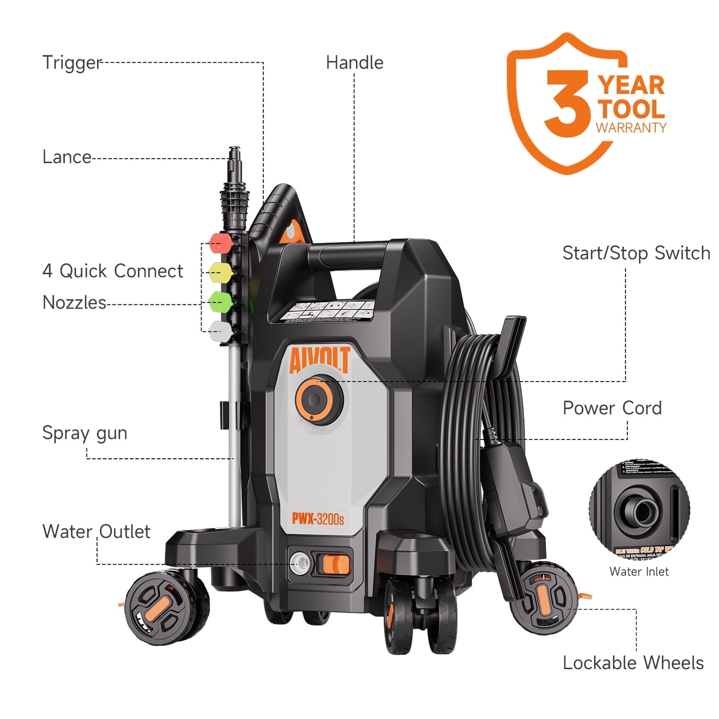 AIVOLT Corded Electric Pressure Washer 4800 PSI, 2.76 GPM, 4 Nozzles, Soap Tank, Anti-Tipping, 36ft Cable, 25ft Hose Cold Water Power Washer