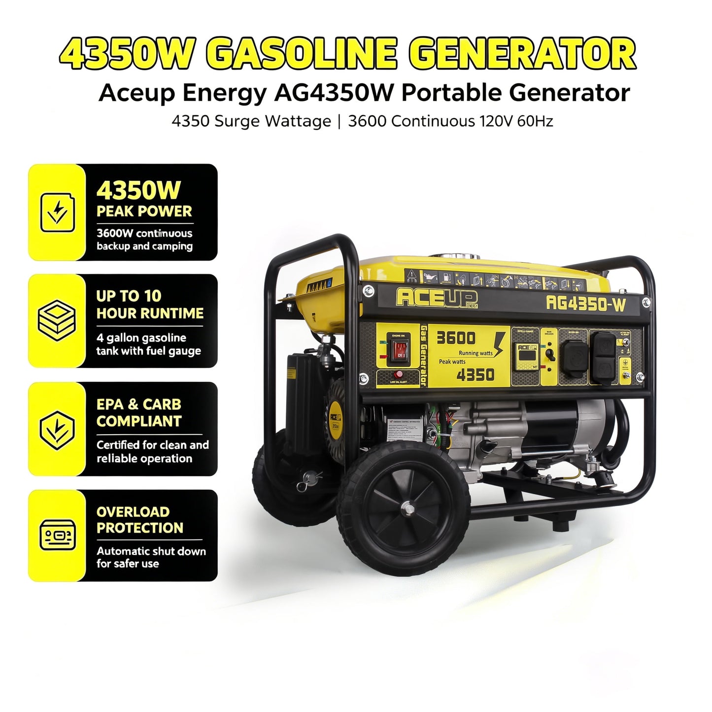 Aceup Energy Portable Generator 4500 Watt Gas Powered Equipment with Wheel Kit & Oil, 4000W Generator EPA & CARB Compliant