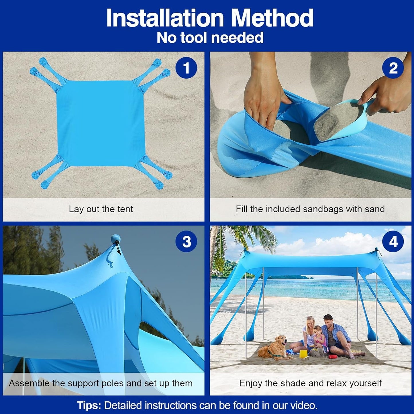Rhino Valley Beach Tent Sun Shelter, Beach Canopy Tent Sun Shade UPF50+ Protection with 8 Sandbags 4 Stability Poles, Outdoor Beach Shade Canopy for Beach, Camping, Fishing