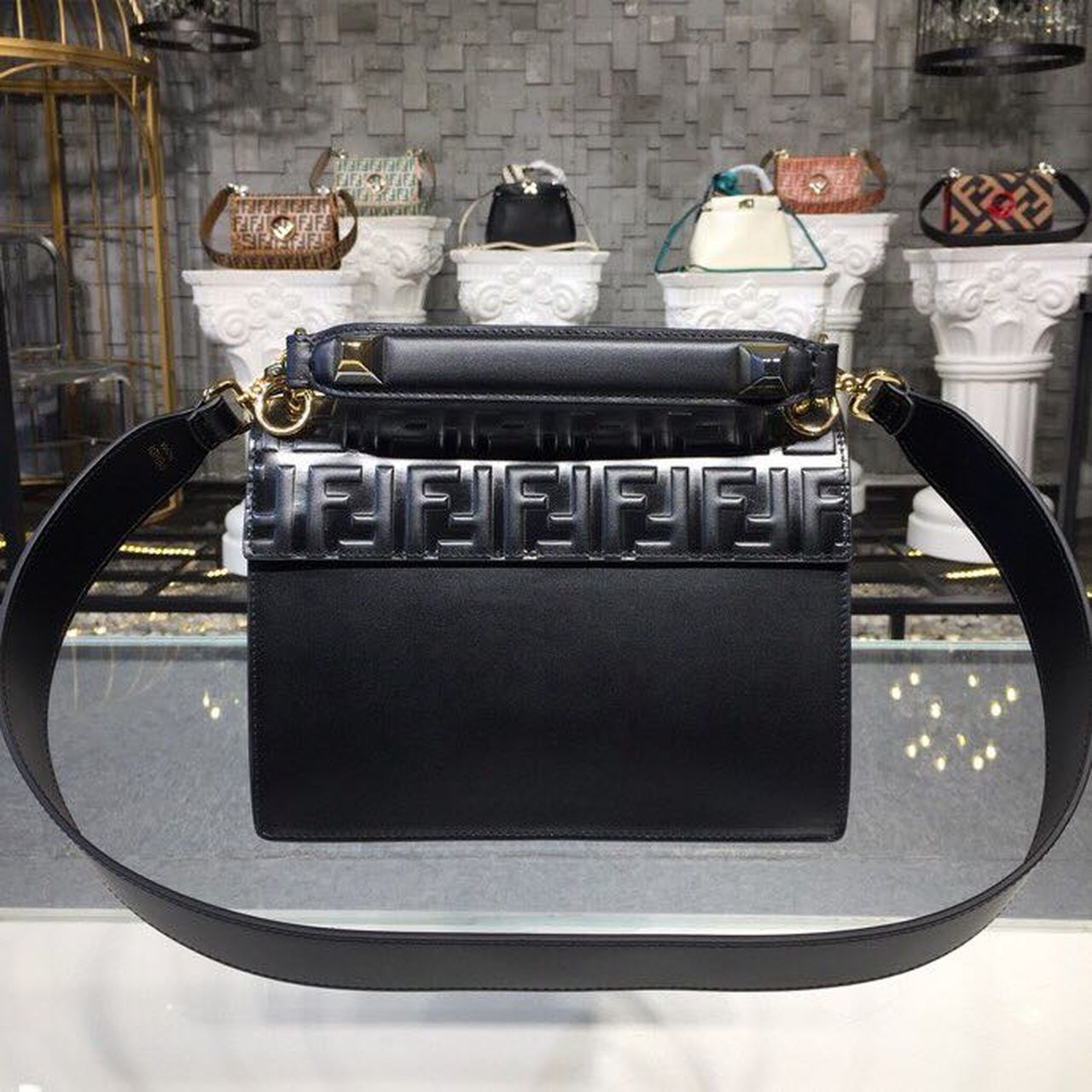 Fendi FF Embossed Kan I Bag 25cm Calfskin Leather Pre-Fall Collection, Black