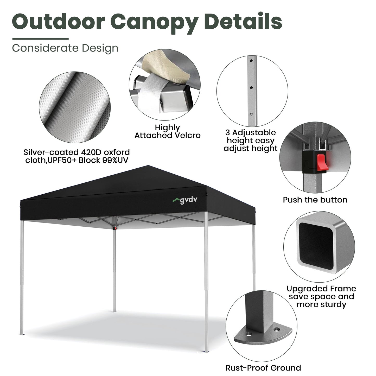 GVDV Outdoor Pop up Canopy 10'x10' Tent Camping Sun Shelter-Series Party Tent (Black)