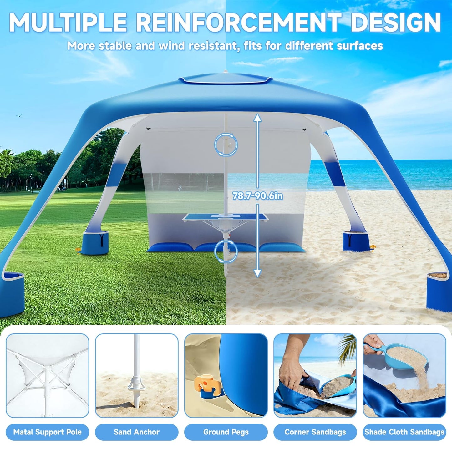 Beach Canopy Cabana with 4 Corners, 6.5'×6.5' Tent Sun Shelter, Adjustable Height Beach Umbrella Tent with Side Wall, Blue Gradient