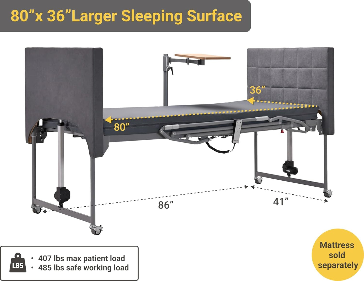 5-Function Electric Hospital Bed with LIMOSS Motor & Overbed Table