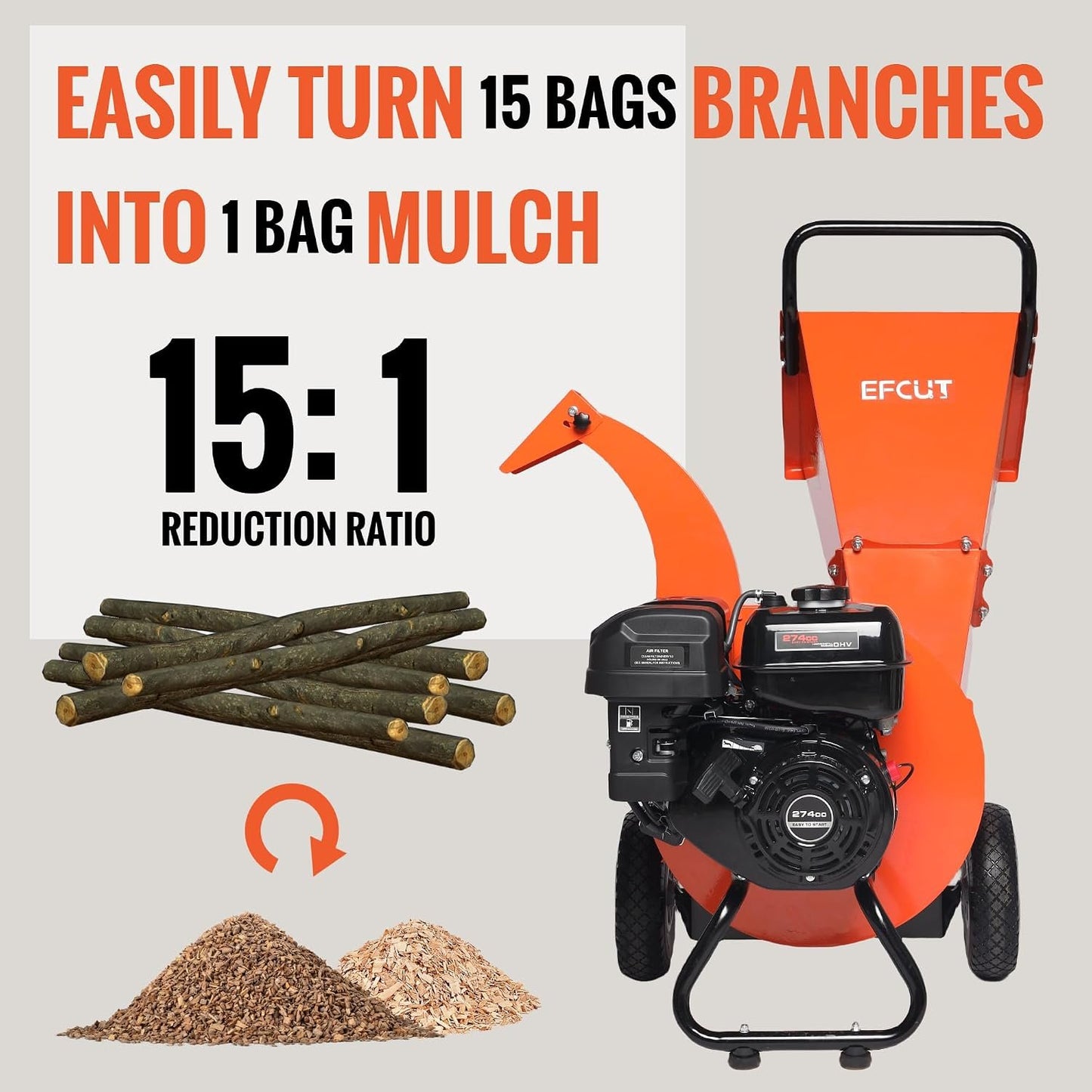 C40 Wood Chipper 4″ inch Max Diameter Capacity 9 HP 274cc Gas Powered Engine Heavy Duty Shredder Mulcher