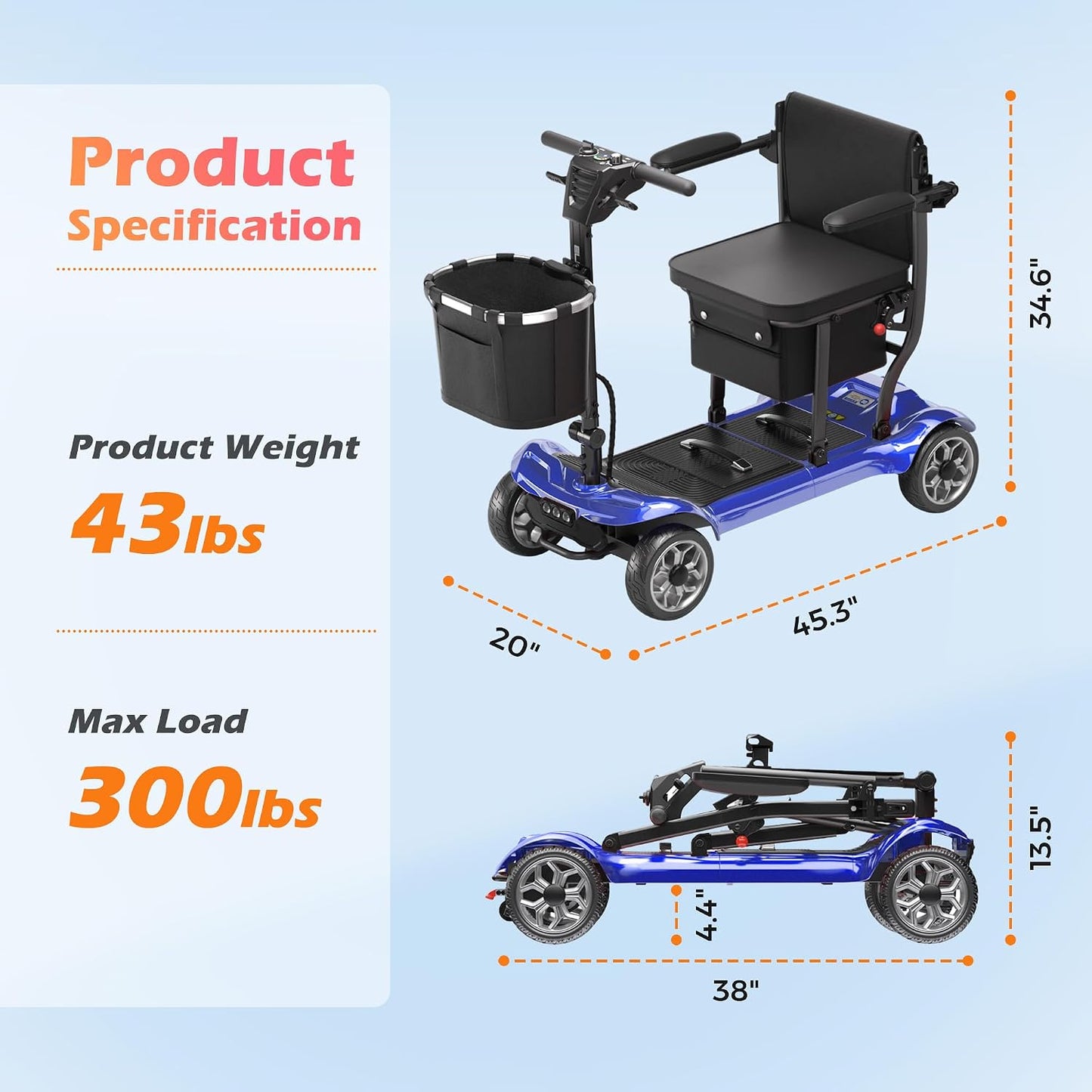 Lightweight Foldable Mobility Scooter with 12.4-Mile Range – Blue