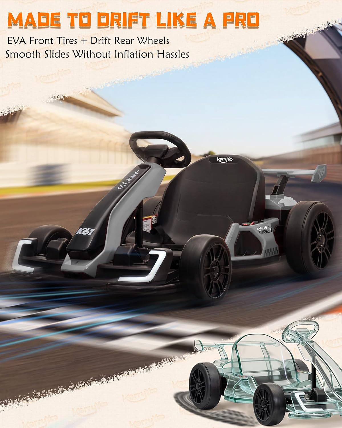 KerryYoo K61 Electric Drift Go Kart for Kids – Gray